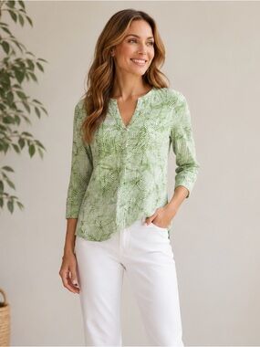 Chico's Green Palm Frond Motif Cotton Slub Henley Shirt Women’s 3 XL Casual